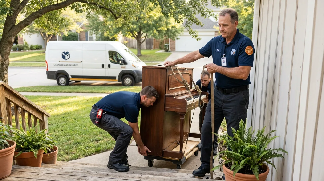 Licensed piano movers securing grand piano in Richland, WA