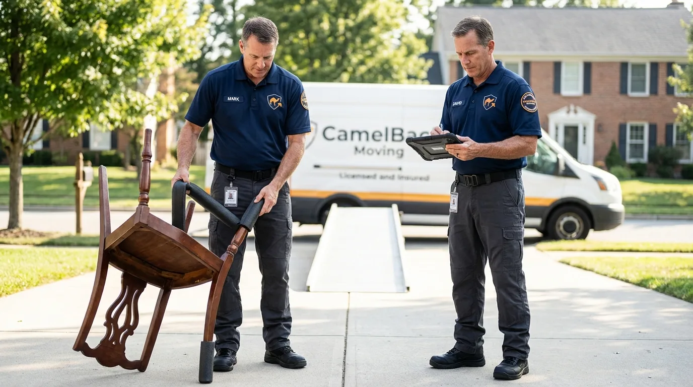 Movers inspecting furniture for damage prevention before loading in Richland, WA