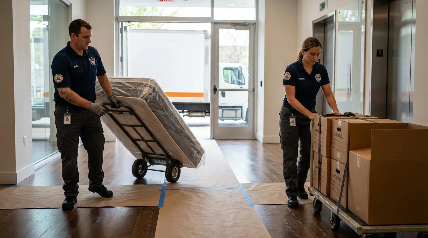 Professional apartment movers loading elevator in Richland, WA